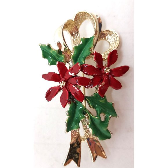 Pin Poinsettias and Holly Enameled on Gold tone Ribbon ©Gerry Christmas - Picture 1 of 3